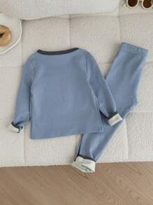 SHEIN Leap Crew 2件套男童修身撞色圆领长袖T恤和长裤超柔软抓绒保暖内衣套装，秋冬季 - 藍色 - 查看 2