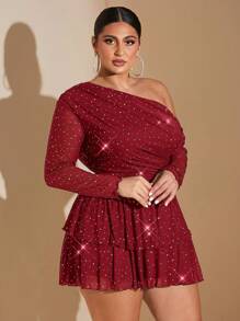 SHEIN BAE Plus Size Fall Elegant Sweet Sexy Woman Shiny Sequin Mesh Asymmetrical Oblique Shoulder Long Sleeves Cascading Ruffle Hem Mini Dress Fairy Core Dress