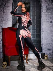 SHEIN SXY Women Skeleton Print Mock Neck Long Sleeve Bodycon Jumpsuit, Casual For Autumn