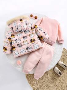 SHEIN 3pcs Baby Girl Cute Pink Cat Pattern Warm Fleece Hooded Jacket & Pants Set, Autumn/Winter