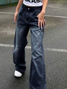 Women Retro Loose Straight Wide-Leg Distressed Boyfriend Jeans