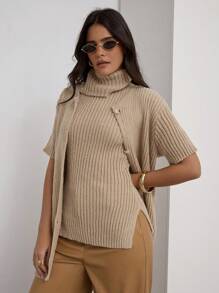COSMINA Damen Set mit schlichter, langärmeliger, minimalistischer Jacke und ärmellosem Oberteil mit hohem Kragen - Khaki - Übersicht 7