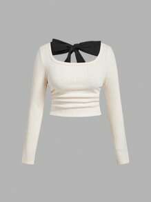 SHEIN MOD 大码可爱大码蝴蝶结装饰后背修身长袖 T 恤 - 黑與白 - 查看 1