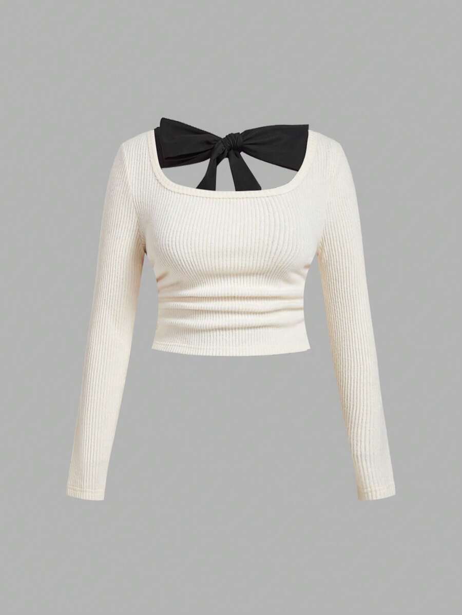 SHEIN MOD 大码可爱大码蝴蝶结装饰后背修身长袖 T 恤 - 黑與白 - 查看 1