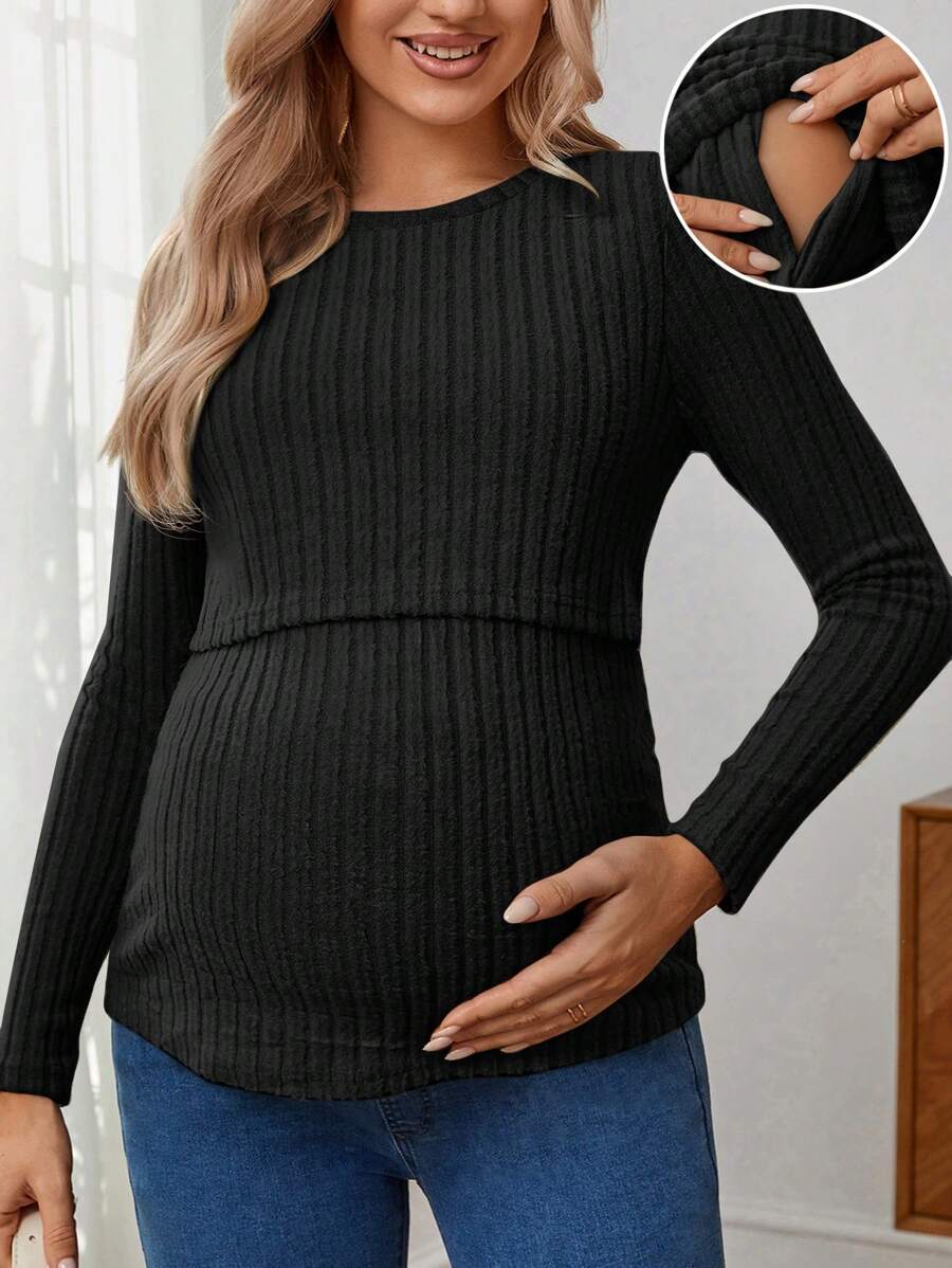 SHEIN Camiseta de manga larga casual de cuello redondo ajustada de unicolor y acanalada para maternidad