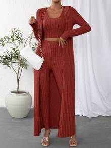SHEIN Essnce 3pcs Women Solid Color Ribbed Shrug Cardigan, Crop Top And Leggings Knit Set For Autumn - Redwood - View 6