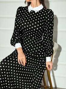 Modelyn Elegant Polka Dot Print Lantern Sleeve Long Arabian Style Modest Dress, Autumn