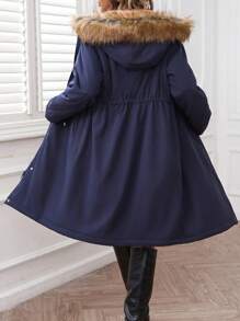 SHEIN LUNE Nouveau manteau rembourré mi-long épaissi avec capuche, col moelleux, cordon de serrage à la taille, doublure chaude, vêtements d'hiver pour femmes 2024
