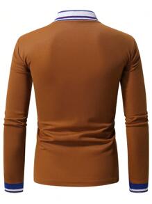 Manfinity Mode Men Casual Contrast Stripe Trim Long Sleeve Collar Polo Shirt, Autumn, For Work