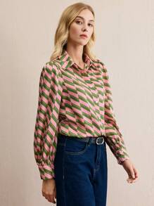 BizChic 女士优雅几何印花长袖衬衫、缎面印花连衣裙，适合节日约会、办公室、春夏季、圣诞节 - 粉色 - 查看 4