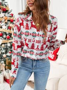 SHEIN LUNE Christmas Elements Print Women Long Sleeve Single-Breasted Casual Shirt - Multicolor - View 4