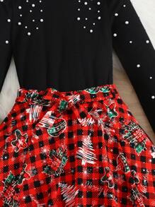 SHEIN 2pcs/Set Tween Girls Stand Collar Beaded Tight-Fitting T-Shirt And Plaid Bow-Tie Mini Skirt, Christmas - Red - View 7