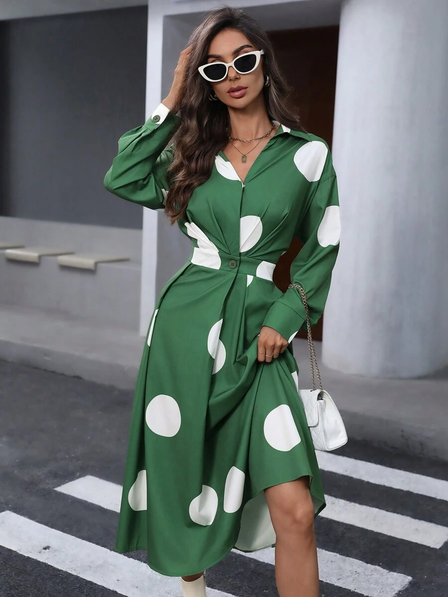 SHEIN LUNE 90s Retro Elegant Green Polka Dot Office Lady Long Dress, Autumn Christmas Women Clothes - Green - View 1