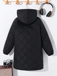 SHEIN Leap Crew Tween Boy 休闲长款厚夹克，适合通勤、上学、日常休闲装、运动、秋冬季 - 黑色 - 查看 2
