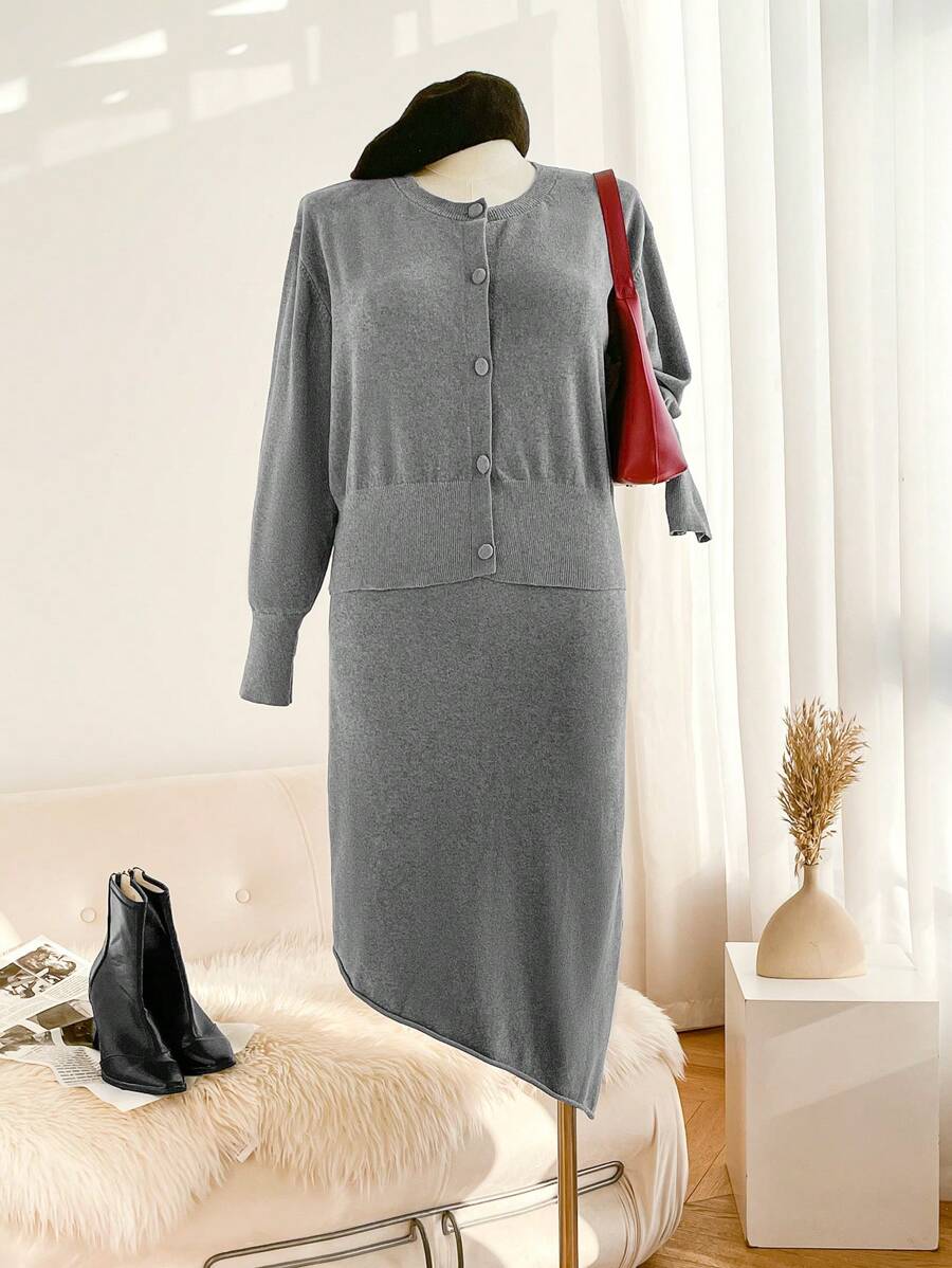 SHEIN Frenchy 大码纯色前扣长袖上衣和 A 字裙两件套休闲套装