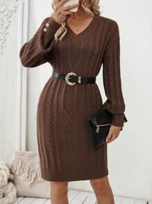 Chiquease 女士纯色 V 领长袖紧身毛衣裙，秋冬 - 咖啡棕 - 查看 1