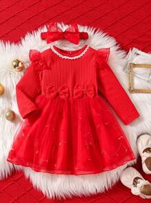 Glamorique Kids Baby Girl Christmas Red Contrast Mesh Ribbed Knit Bow Decor Elegant Dress - Red - View 1