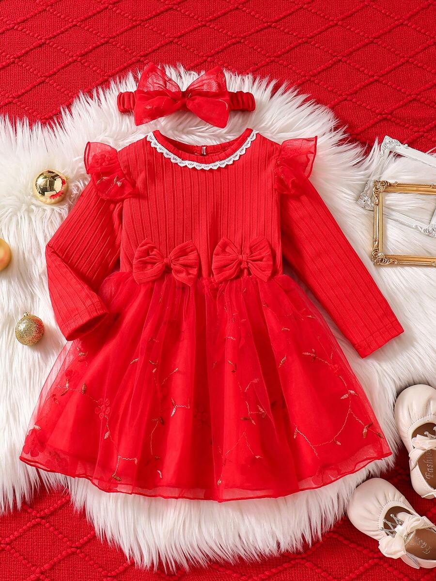 Glamorique Kids Baby Girl Christmas Red Contrast Mesh Ribbed Knit Bow Decor Elegant Dress - Red - View 1