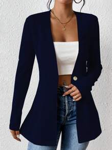 Chiquease Women Casual Textured Collarless Unlined Long Sleeve Blazer Jacket - Royal Blue - View 4