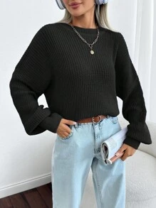 EURMUSE Women Solid Color Round Neck Drop Shoulder Chunky Pullover - Black - View 5