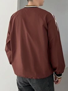 DAZY Men's Striped Patchwork Logo Pullover Hoodie, Autumn - Red - View 2