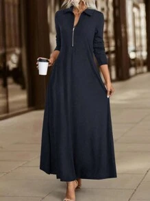 EMERY ROSE Women's Autumn Long Sleeve Long Dress With Turndown Collar, Can Be Worn As Layering Maxi Women Outfit Fall Cloth For Women - Navy Blue - View 6