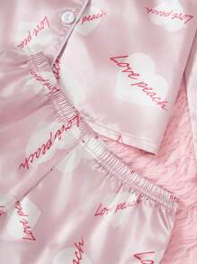 SHEIN 2 件套女童可爱时尚粉色字母心形图案斜纹面料翻领开衫和裤子舒适休闲家居服套装 - 粉色 - 查看 3