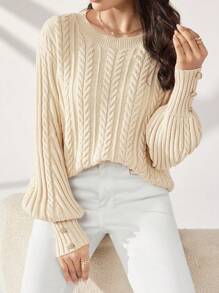 Mulvari 秋冬复古几何图案针织圆领毛衣，罗纹纽扣设计，女士秋季款 - 杏色 - 查看 8