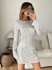SHEIN Essnce Đầm dự tiệc hở lưng gợi cảm mini sequin cho nữ - trắng - Xem 5