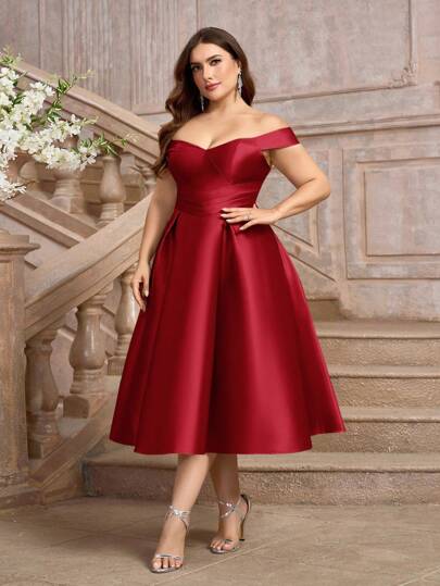 SHEIN Belle Plus Size Off Shoulder Elegant Charming Satin Padded Bust A-Line Pleated Hem Evening Gown Dress (Heavy Version), Prom Semi Formal Dress, For Birthday, Wedding Guest, Graduation Homecoming, Party Dress