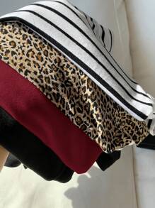 Comfortcana 4pcs/Pack Women Solid & Leopard Striped T-Shirt, Summer Fall Top - Multicolor - View 6