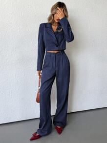 Aveloria Modichic High-End Business Women 2pcs Set, Classic Striped Lapel Short Jacket & Pants, Commuting Outfit  Fall Cloth For Women