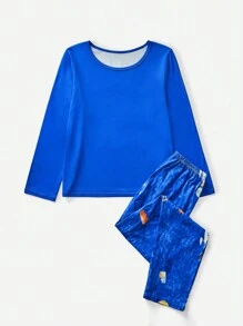 Tween Boy 2pcs Set Comfy Solid Color Long Sleeve Top And Space Printed Long Pants Pajama Set