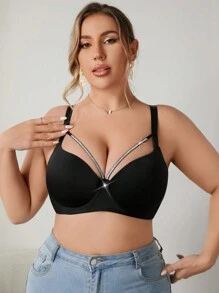 1pc Women Plus Size Minimalist Solid Color Gather Spliced Strap Underwire Bra