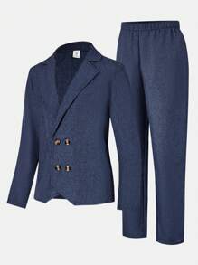 2pcs/Set Tween Boy Casual Suit Jacket & Trouser Set, Gentleman Outfit Suitable For Birthday Party, Evening Event, Commuting, School, Daily Casual Wear, Autumn/Winter - Royal Blue - View 1