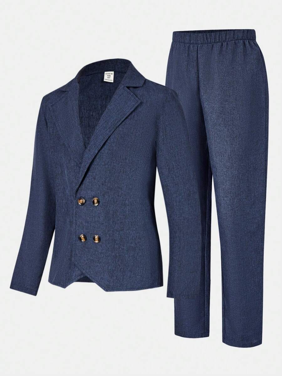 2pcs/Set Tween Boy Casual Suit Jacket & Trouser Set, Gentleman Outfit Suitable For Birthday Party, Evening Event, Commuting, School, Daily Casual Wear, Autumn/Winter - Royal Blue - View 1