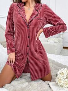 Vestido casual de mujer de manga larga con escote en V de terciopelo con acabado en contraste de color