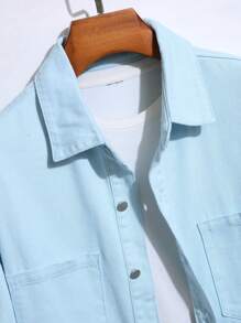 Manfinity Homme 男士休闲牛仔衬衫，带口袋，单排扣，长袖，秋季 - 淺色水洗藍 - 查看 3