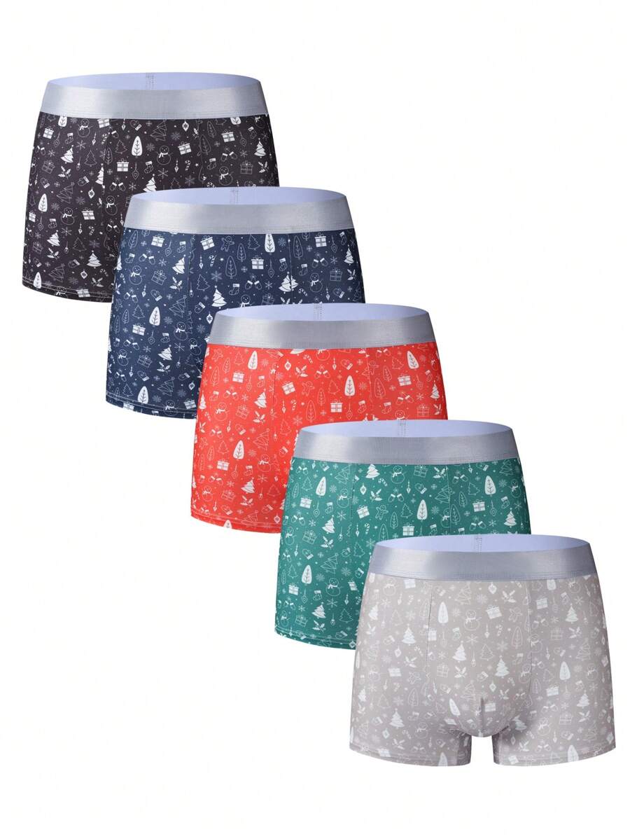 5pcs/Pack Men's Christmas Print Boxer Briefs - Multicolor - View 1