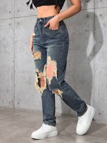 SHEIN EZwear Women Pocket Distressed Straight Leg Loose Casual Versatile Denim Jeans
