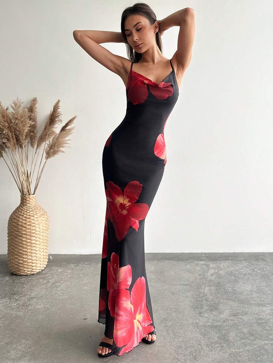 Aloruh Women Sexy V-Neck Sling Backless Mesh Floral Print Bodycon Mini Dress - Multicolor - View 1