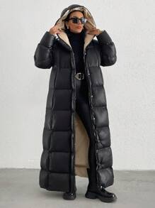 EURMUSE Thick Down Padded Long Padded Coat, Warm & Fashionable Puffer Jacket - Black - View 4