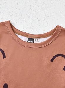 We Bare Bears X SHEIN Bộ đồ ngủ in hình mặt gấu lạc đà cho bé trai tuổi mới lớn - Cà phê nâu - Xem 8