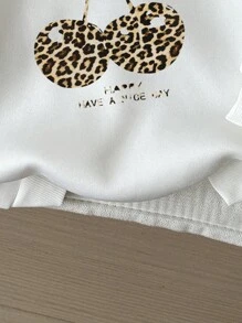SHEIN Leap Crew 少女休闲简约豹纹樱桃图案白色长袖连帽抓绒卫衣，印有英文字母 CHERRY，舒适柔软，适合秋冬季节穿着，女童服装 - 白色 - 查看 5