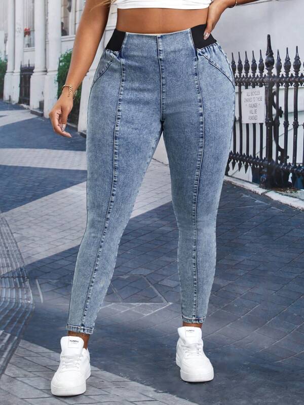 SHEIN Essnce Blugi skinny cu talie în contrast, spălați, mari mari