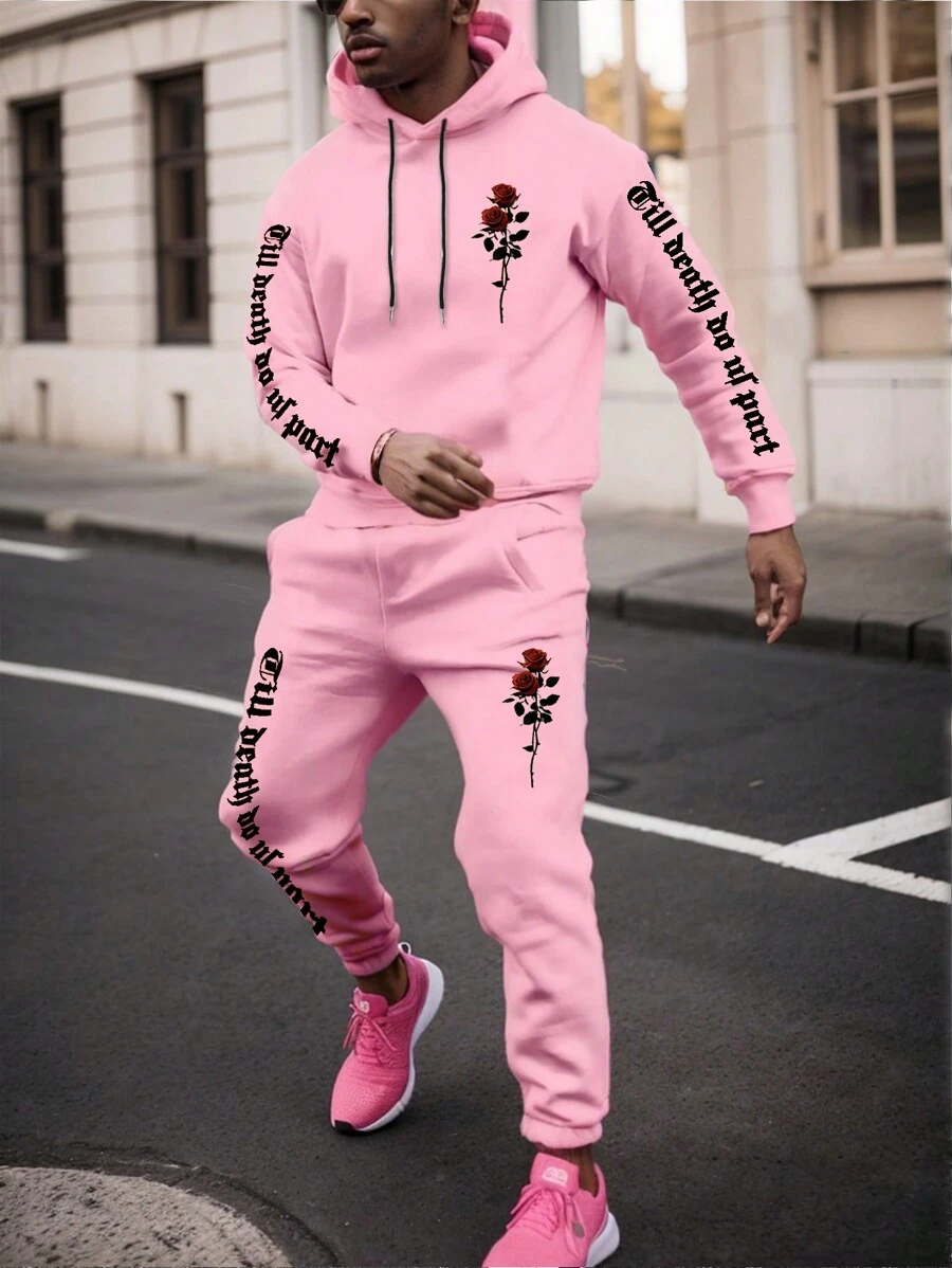 Manfinity Homme 2 件男士休闲玫瑰和字母印花连帽运动衫和运动裤套装，秋冬 - 粉色 - 查看 1