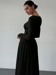 Aloruh New V-Neck Long Sleeve White Dress, Slim Fit, Thermal Insulation, Versatile, Autumn/Winter - Black - View 6