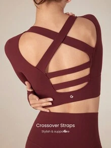 GLOWMODE FeatherFit™ 交叉露背短款运动长袖 T 恤低冲击瑜伽日常 - 酒紅色 - 查看 5