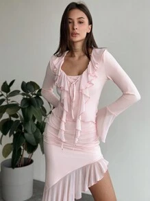 Aloruh Váy xếp nếp viền bất đối xứng thanh lịch dành cho nữ, mùa thu - Hồng - Xem 5