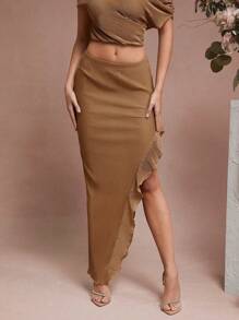 L'Amorae Women's Solid Color Elastic Waist Ruffle Hem Side Slit Maxi Skirt